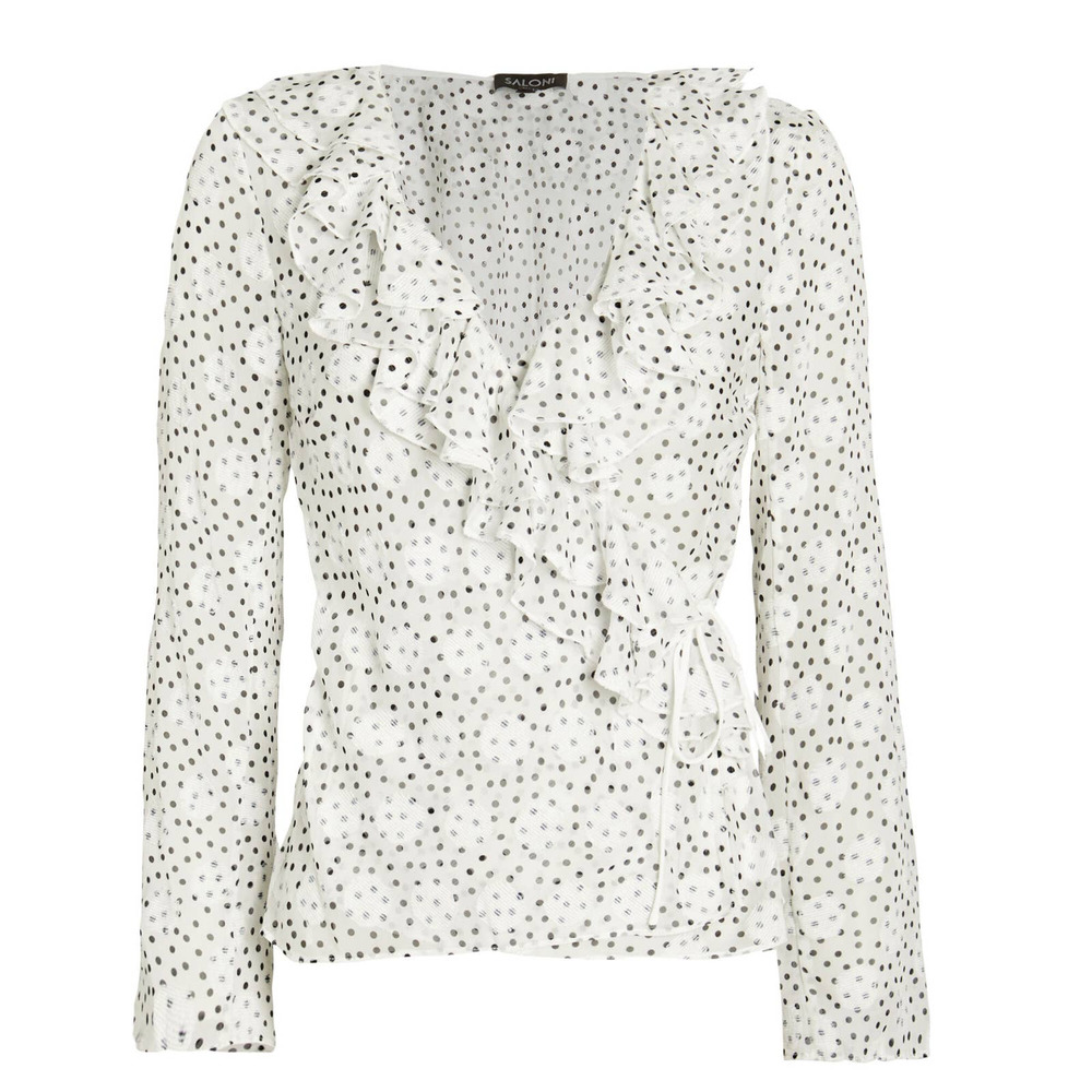 SALONI Iman Silk Wrap Blouse White Black Polka Dot Ruffles Sheer Contemporary